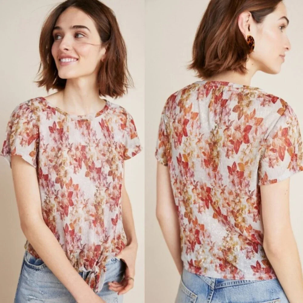 New! Eva Franco Anthropologie Brown Metallic Floral Tie Front Top 33330